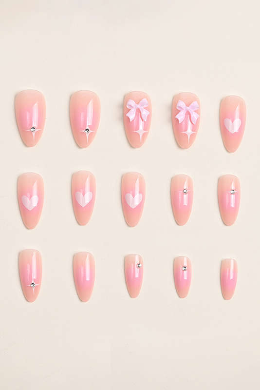 Pink Heart Print Bow Rhinestone Decor Almond Shape False Nail