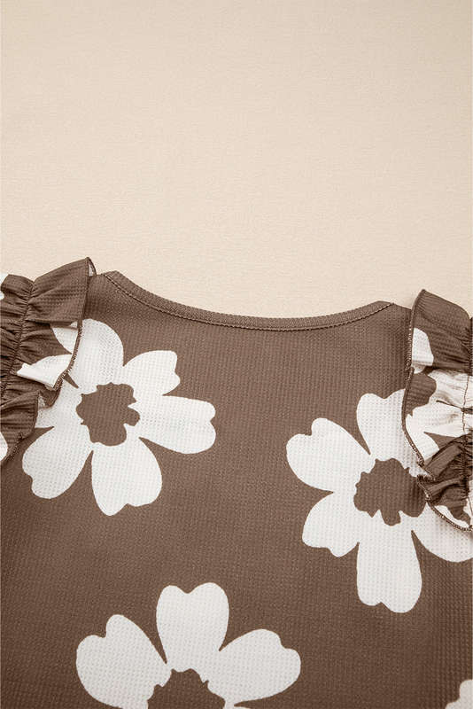 Brown Floral Textured Ruffled Short Sleeve Square Neck Blouse