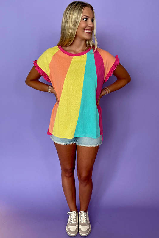 Rose Red Color Block Ruffled Crew Neck Loose Fit T Shirt