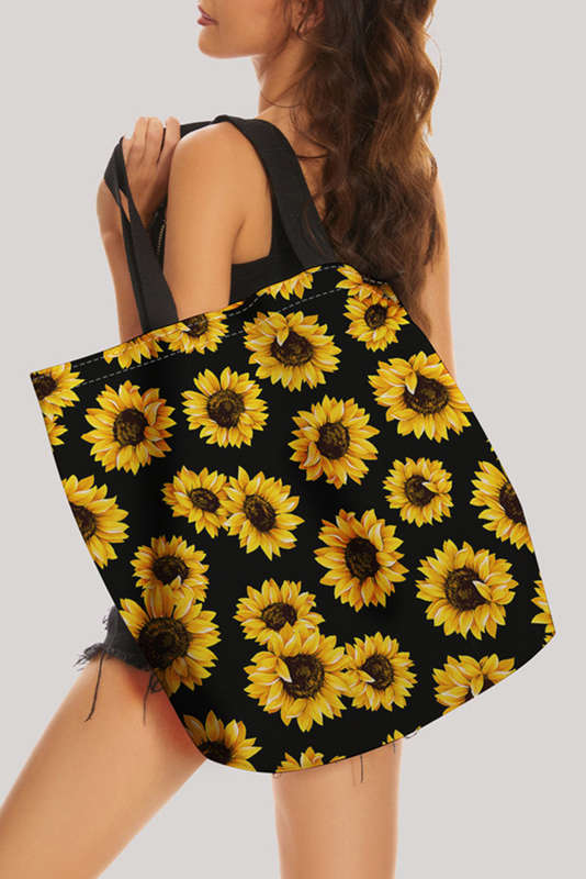 Black Sunflower Digital Print Canvas Tote Bag