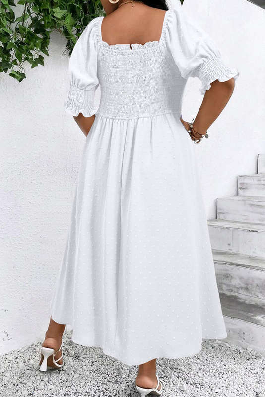 White Swiss Dot Smocked Frilled Neckline Short Sleeve Plus Size Dress