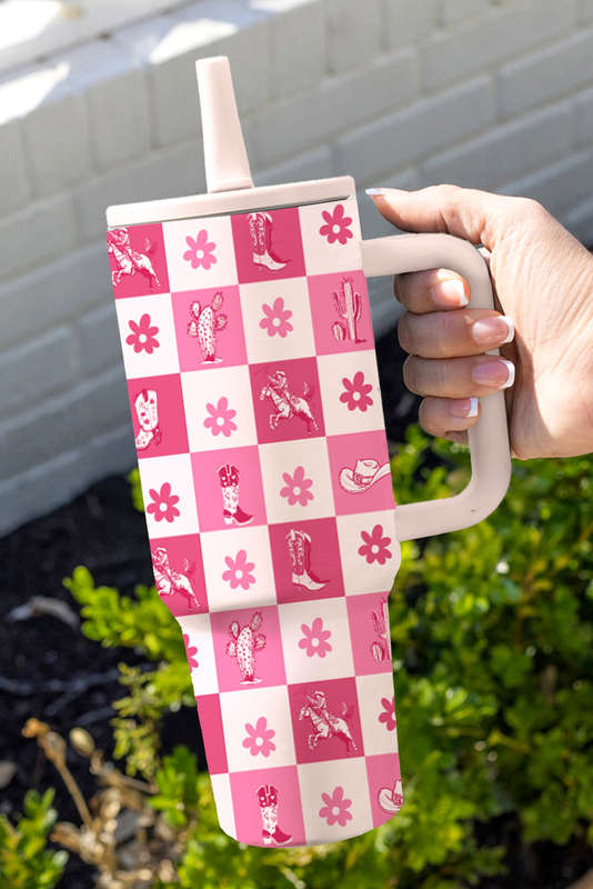 Rose Red Western Pattern Flower Checkered Print Insulated Tumbler 40OZ