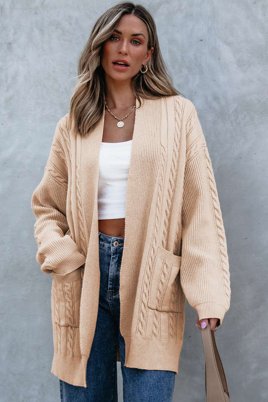 Parchment Oversize Chunky Cable Knit Open Front Midi-length Cardigan
