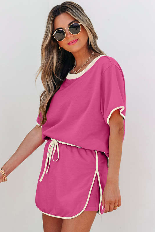 Rose Red Colorblock Edge Drop Shoulder T Shirt and Skort 2Pcs Set