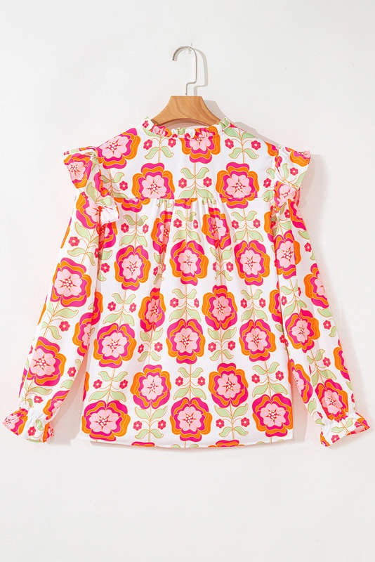 Rose Floral Printed Ruffled Long Sleeve Blouse