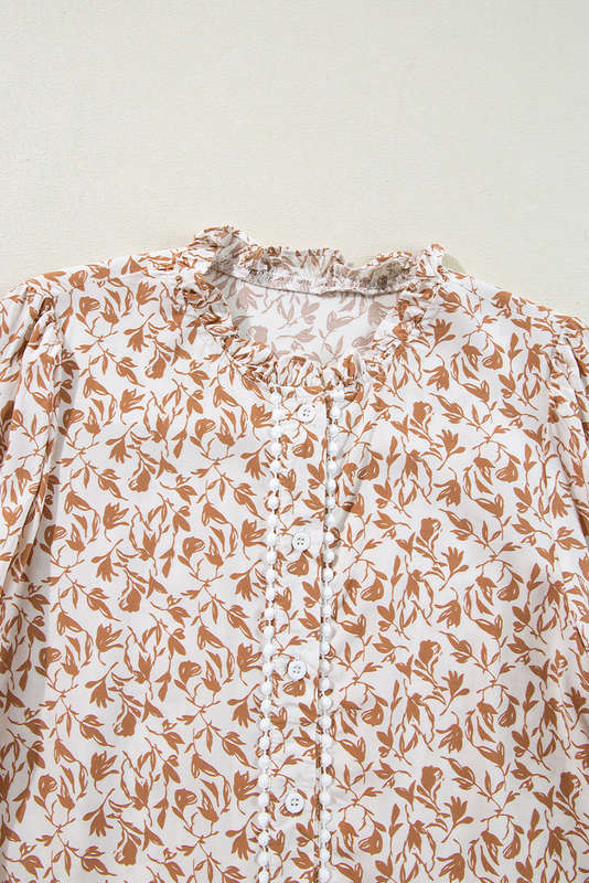 Khaki Printed Lace Detail Floral Puff Sleeve Fall Shirt