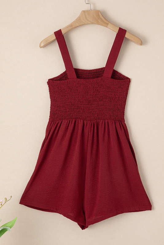 Burgundy Casual Pocketed Smocked Sleeveless Romper