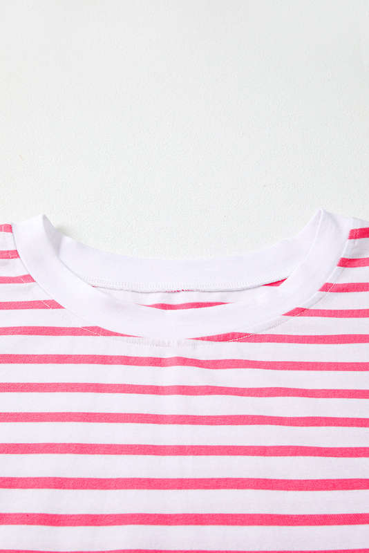 Pink Stripe Mixed Pattern Patchwork Uneven Hem Loose Tee