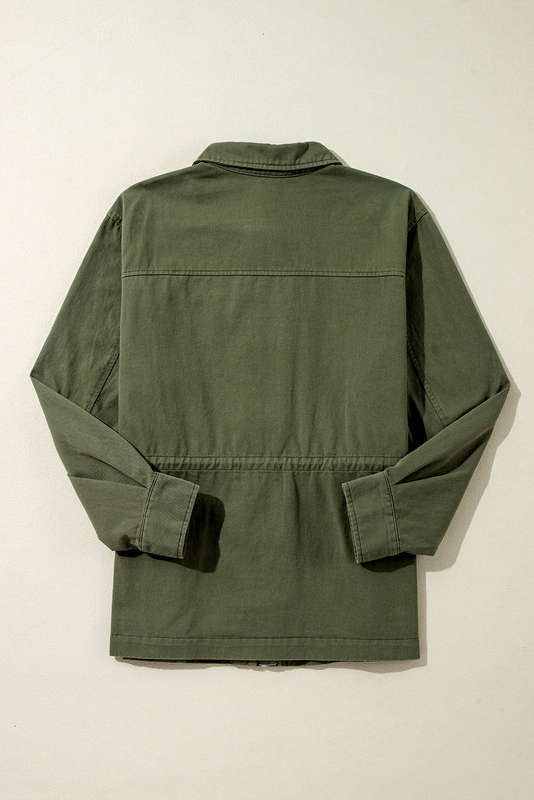 Moss Green Snap Button Zipper Tight Waist Collared Jacket