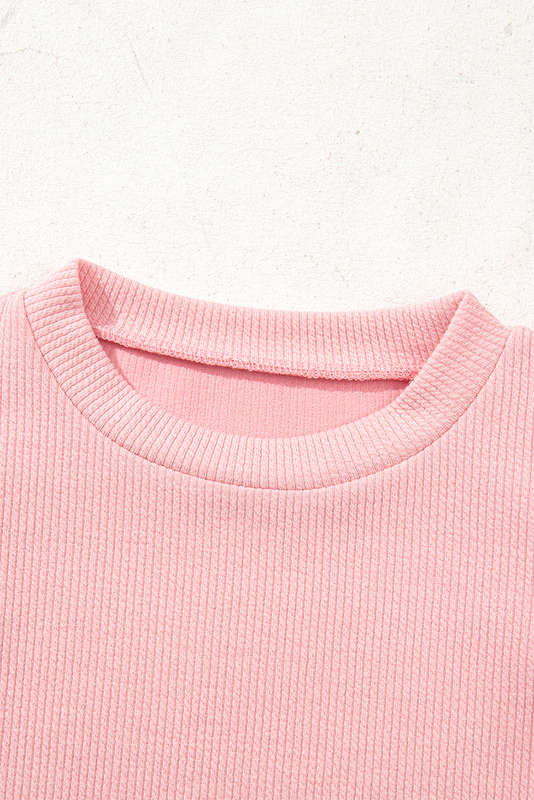 Light Pink Pearl Beaded Ruffle Short Sleeve Patchwork Ribbed Blouse