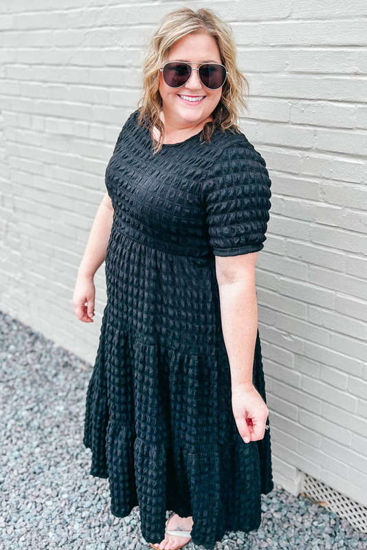Black Plus Size Textured Tiered Short Sleeve Maxi Dress
