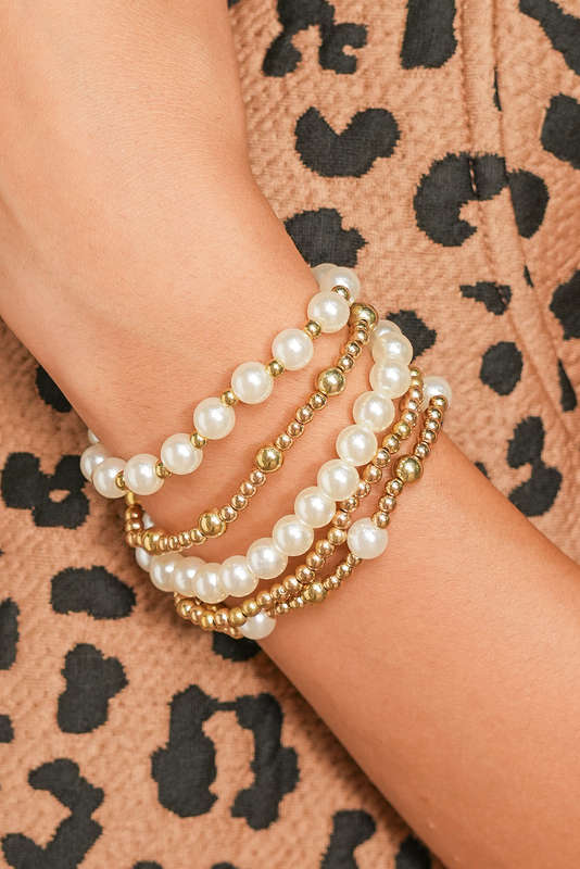 Gold Cross Pearls Decor Plated Beaded Multi Layer Bracelets
