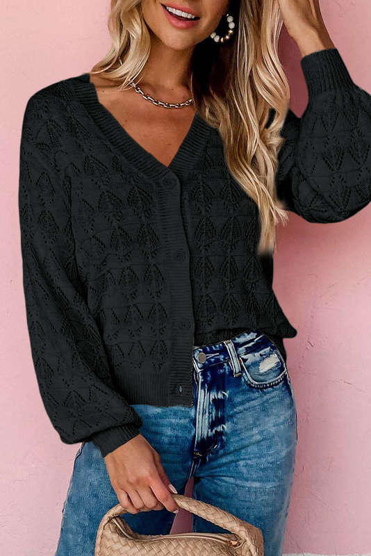 Black Lightweight Buttoned Front Crochet Cardigan