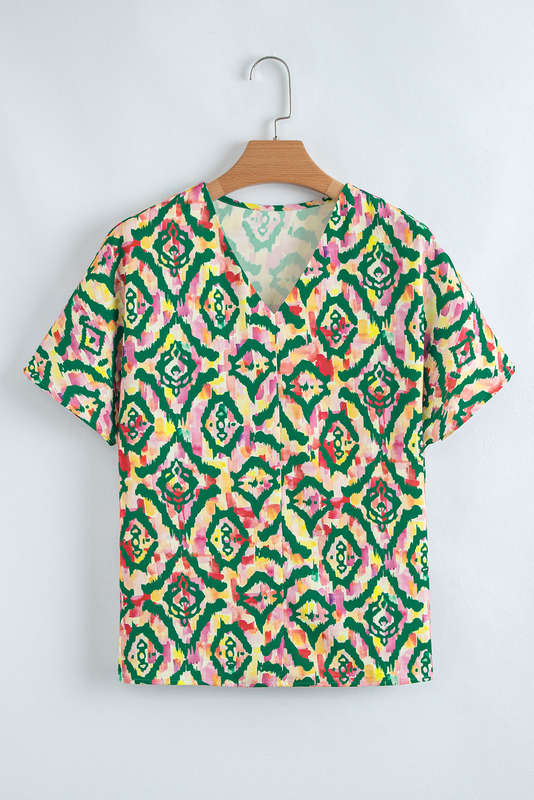 Green Abstract Print V Neck Short Sleeve Blouse