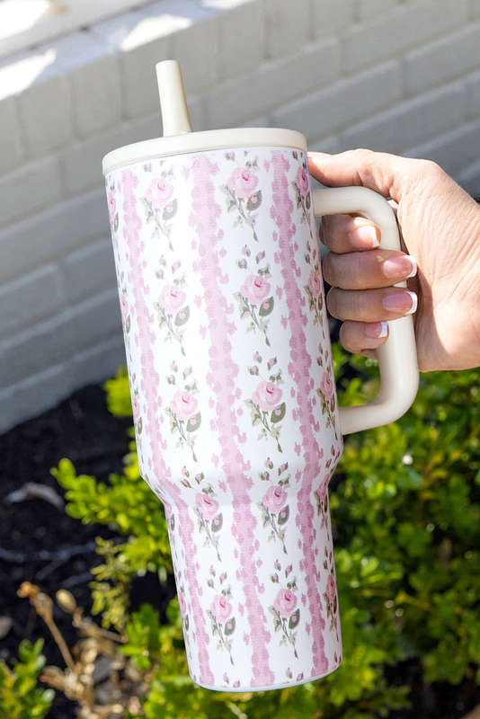 Light Pink Sweet Floral Print Straw Insert Thermo Tumbler Cup