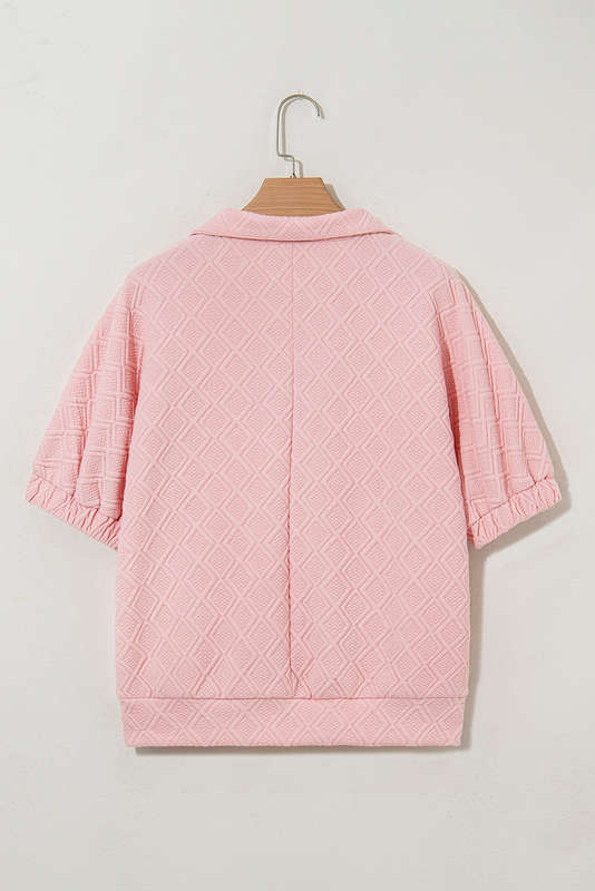 Light Pink Contrast Striped Collar Patchwork Textured Half Sleeve Blouse
