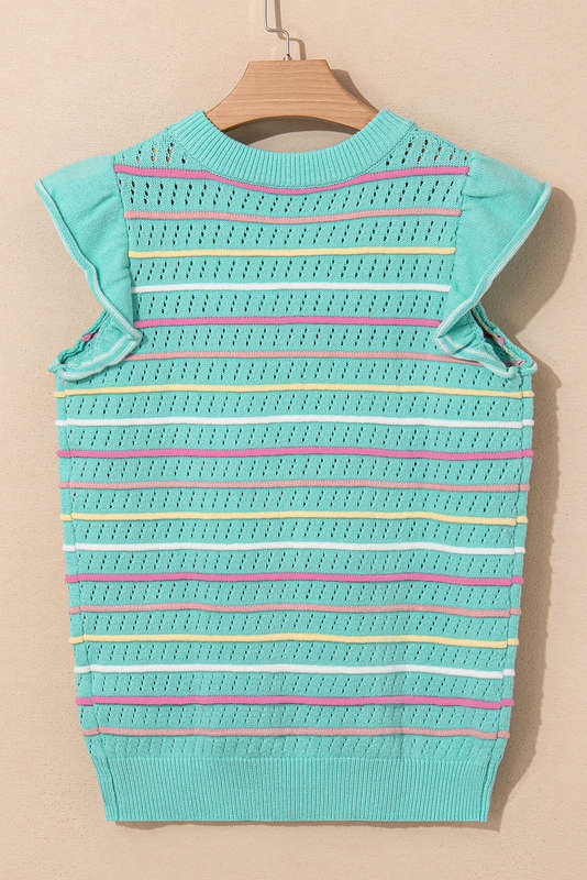 Green Knitted V-Neck Casual Top with Raw Seam Detail