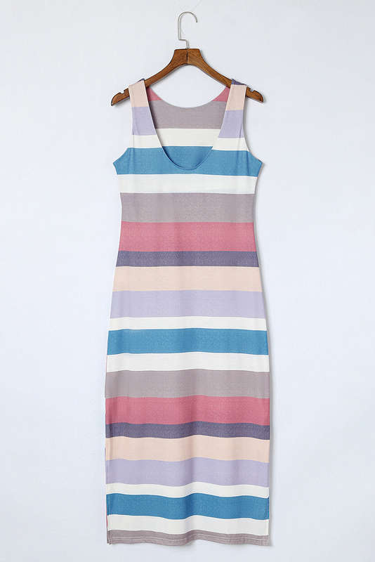 Multicolor Stripe Print Slit Maxi Tank Top Dress