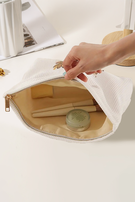 White MAMA Flower Print Corduroy Large Cosmetic Bag