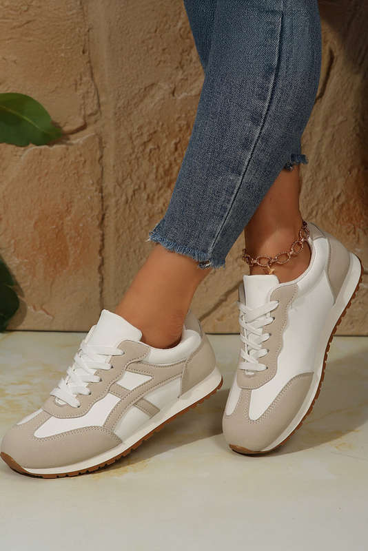 Oatmeal Color Block Lace-up PU Leather Sneakers