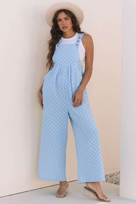 Beau Blue Checkered Pocketed High Waist Wide Leg Overall