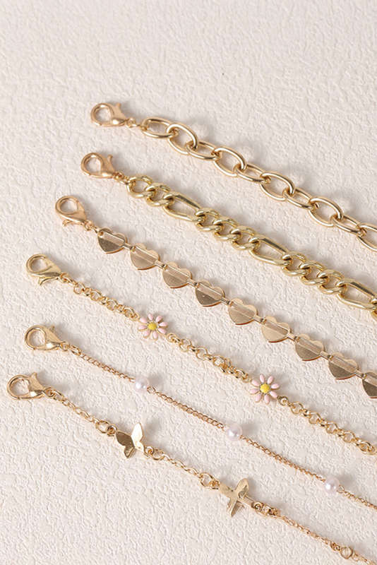 Gold Rhinestone Decor Butterfly Flower Multi Layer Bracelet Set