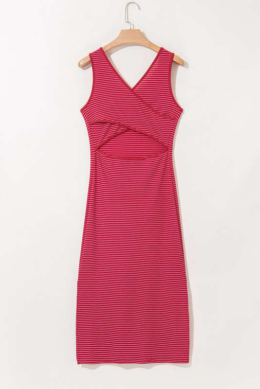 Red Stripe Criss Cross Side Slits Slim Fit Sleeveless Midi Dress