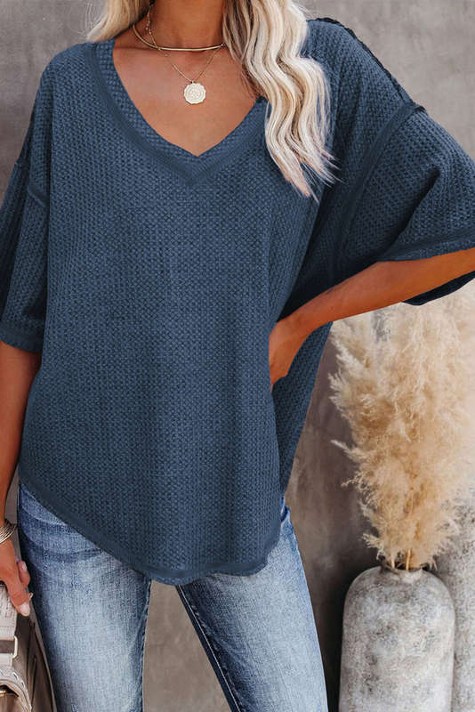 Blue Exposed Seam Half Sleeve Knitted V Neck Textured Top