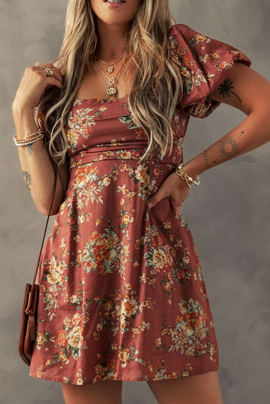 Red Floral Puff Sleeve Square Neck Knot Open Back Mini Dress