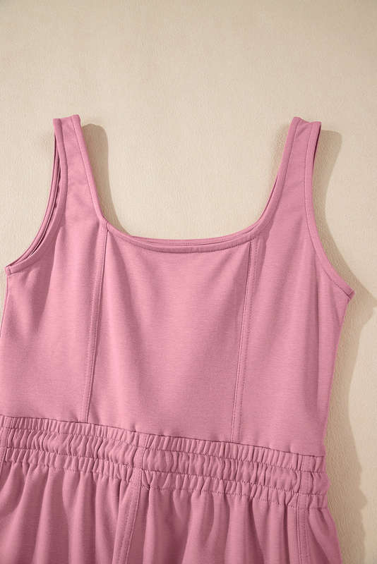 Light Pink Lace-up Elastic Waist Sleeveless Square Neck Jumpsuit