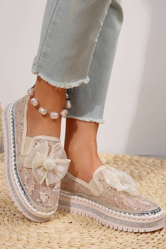 White Glossy Bow Decor Breathable Lace Loafer Shoes