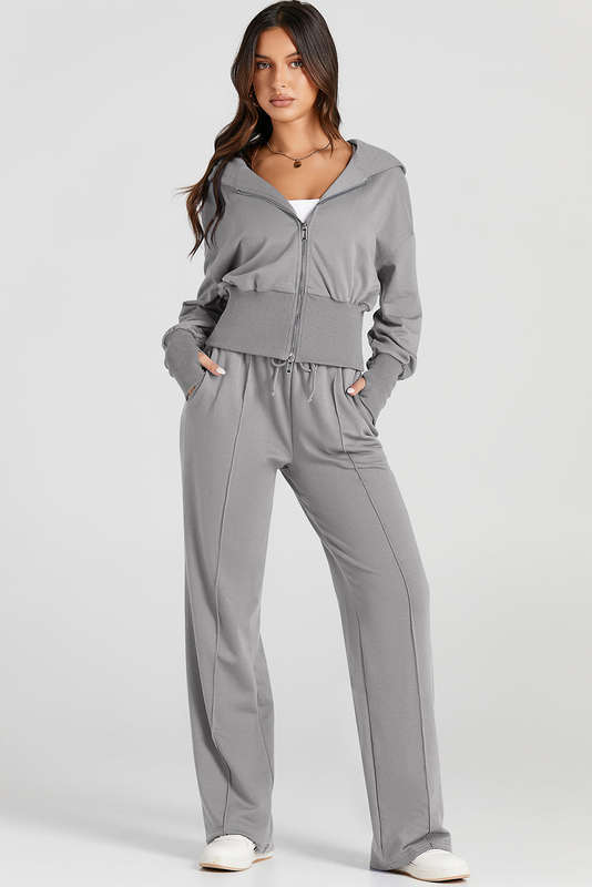 Gray Double Zipper Hooded Jacket and Sweatpants Active Set