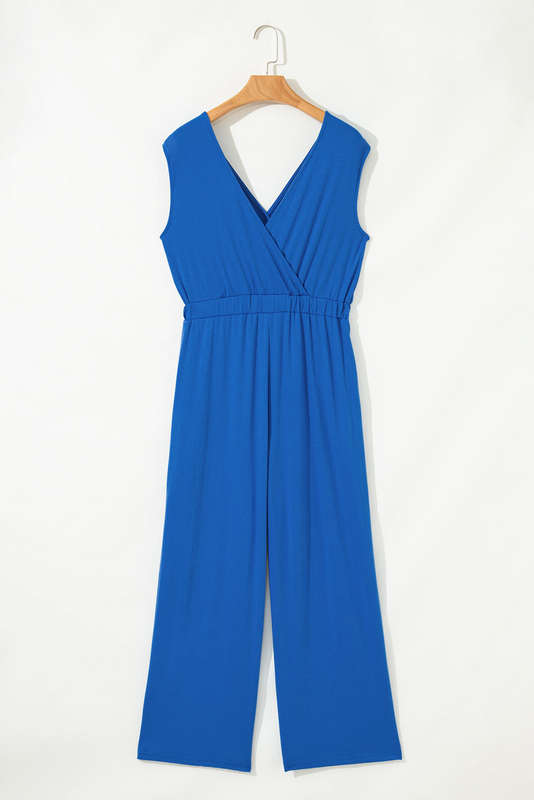 Sky Blue Deep V Pleated Crisscross Wide Leg Backless Jumpsuit