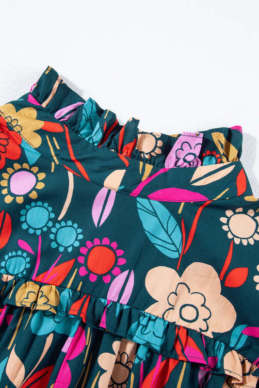 Green Floral Print Puff Sleeve Tied V Neck Blouse