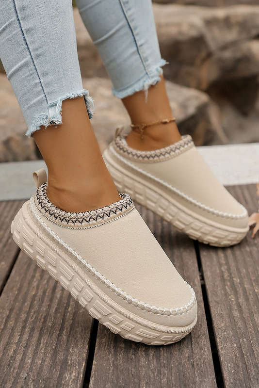 White Contrast Stitch Detail Faux Suede PU Patchwork Plush Winter Clog Slippers