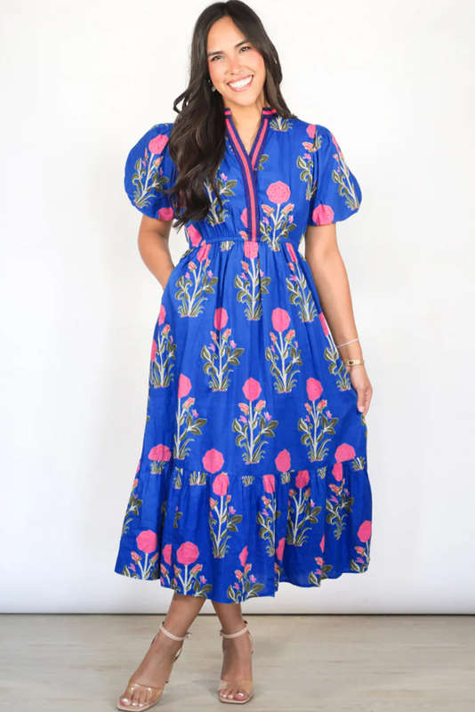 Sky Blue Floral Puff Short Sleeve V Neck High Waist Maxi Dress