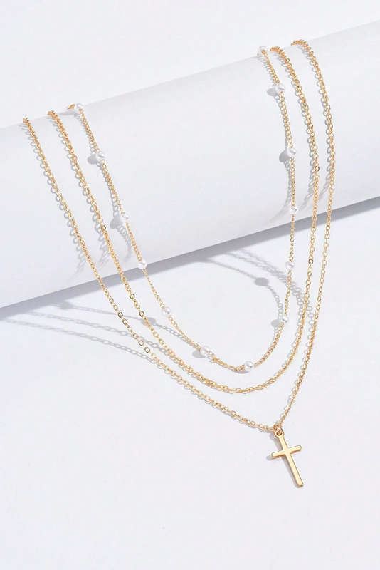 Gold Plated Cross Pendant Pearl Decor Triple Layer Chain Necklace