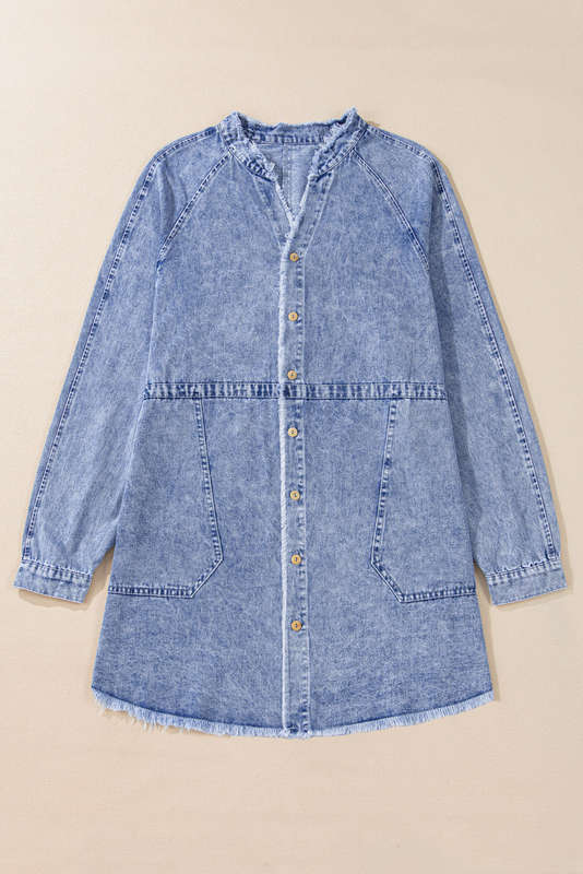 Blue V-Neck Knitted Summer Top with Exposed Seams