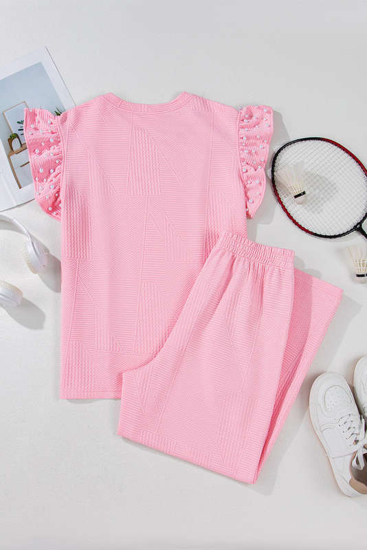 Pink Textured Pearled Ruffled Sleeve Wide Leg Pants Set