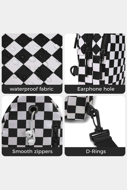 Black Checkered Print Zip Front Sling Backpack Crossbody Bag