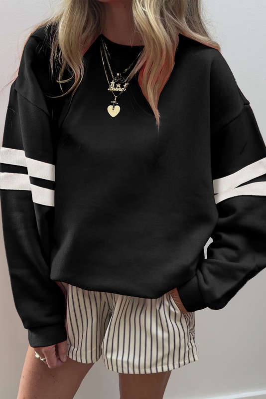 Black Varsity Striped Detail Drop Shoulder Oversized Sweatshirt