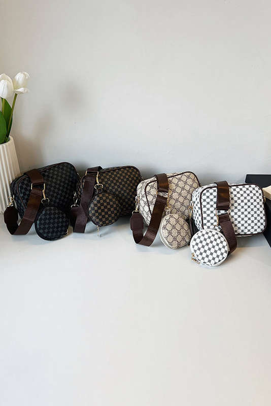White Checkered Print PU Leather Shoulder Bag with Coin Wallet