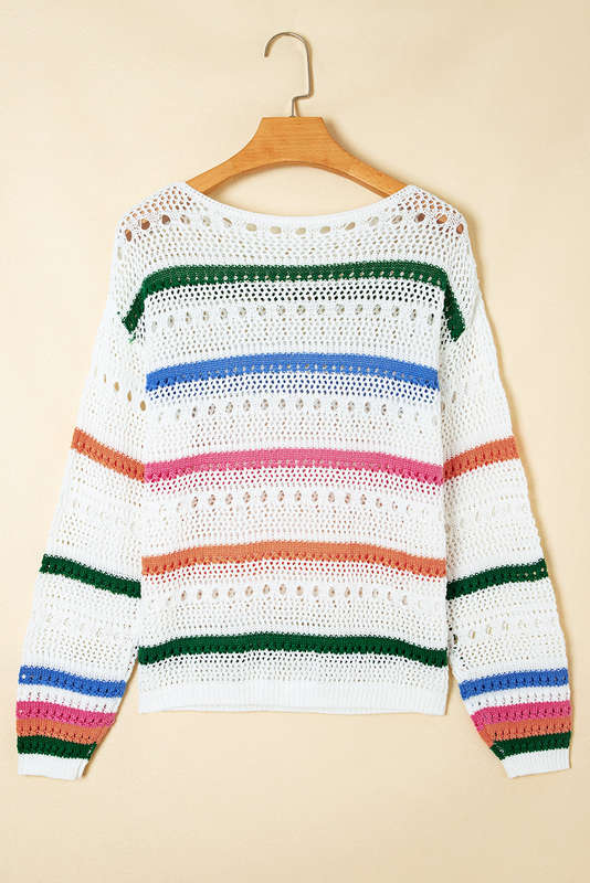 White Color Block Striped Pointelle Knit Sweater