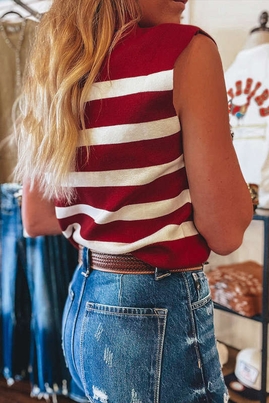 Red Stripe Collared Split Neck Sweater Vest