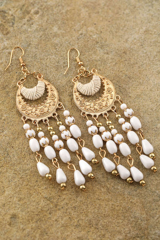 White Boho Beaded Tassel Alloy Charm Earrings
