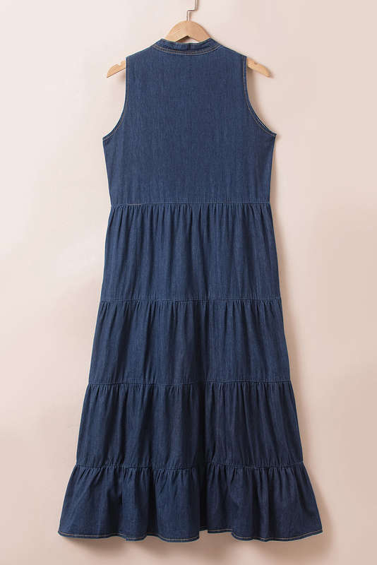 Real Teal Sleeveless Tiered Chambray Maxi Dress