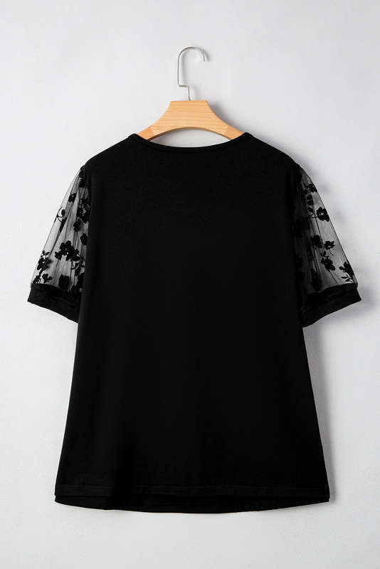 Black Floral Mesh Patchwork Loose V Neck Plus Size T Shirt