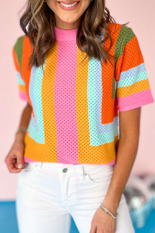 Orange Color Block Eyelet Casual Sweater T Shirt