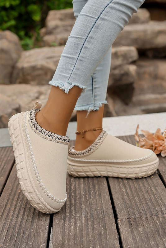 White Contrast Stitch Detail Faux Suede PU Patchwork Plush Winter Clog Slippers