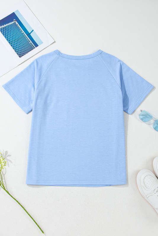 Blue V-Neck Knitted Summer Top with Exposed Seams